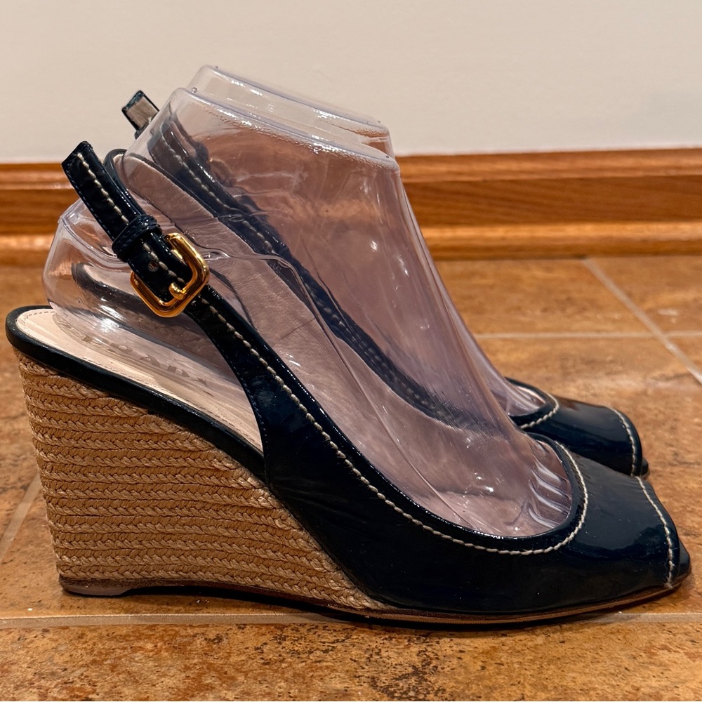 Prada Black‎ Patent Leather Peep Toe Espadrille Wedge Pumps Size 37 - Picture 7 of 14